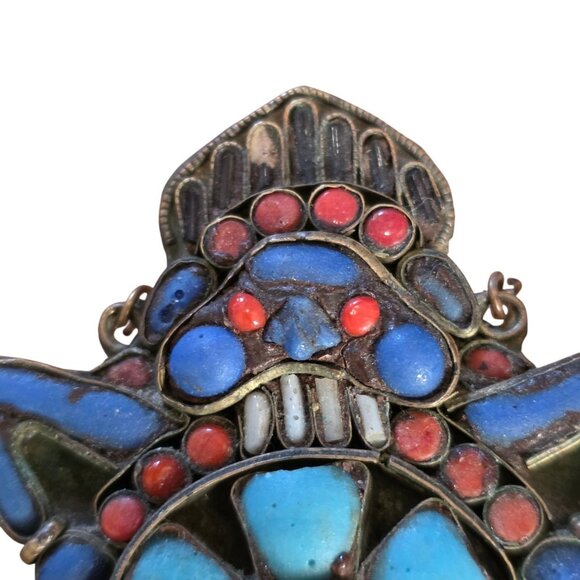Old Tibetan Brass Pendant Turquoise Coral Inlay Buddhist Figures 3.25" x 2.5" - Picture 3 of 3